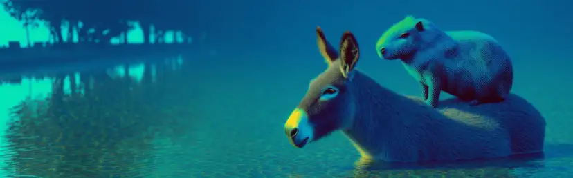 Teal duotone scene of a donkey and a capybara by water
